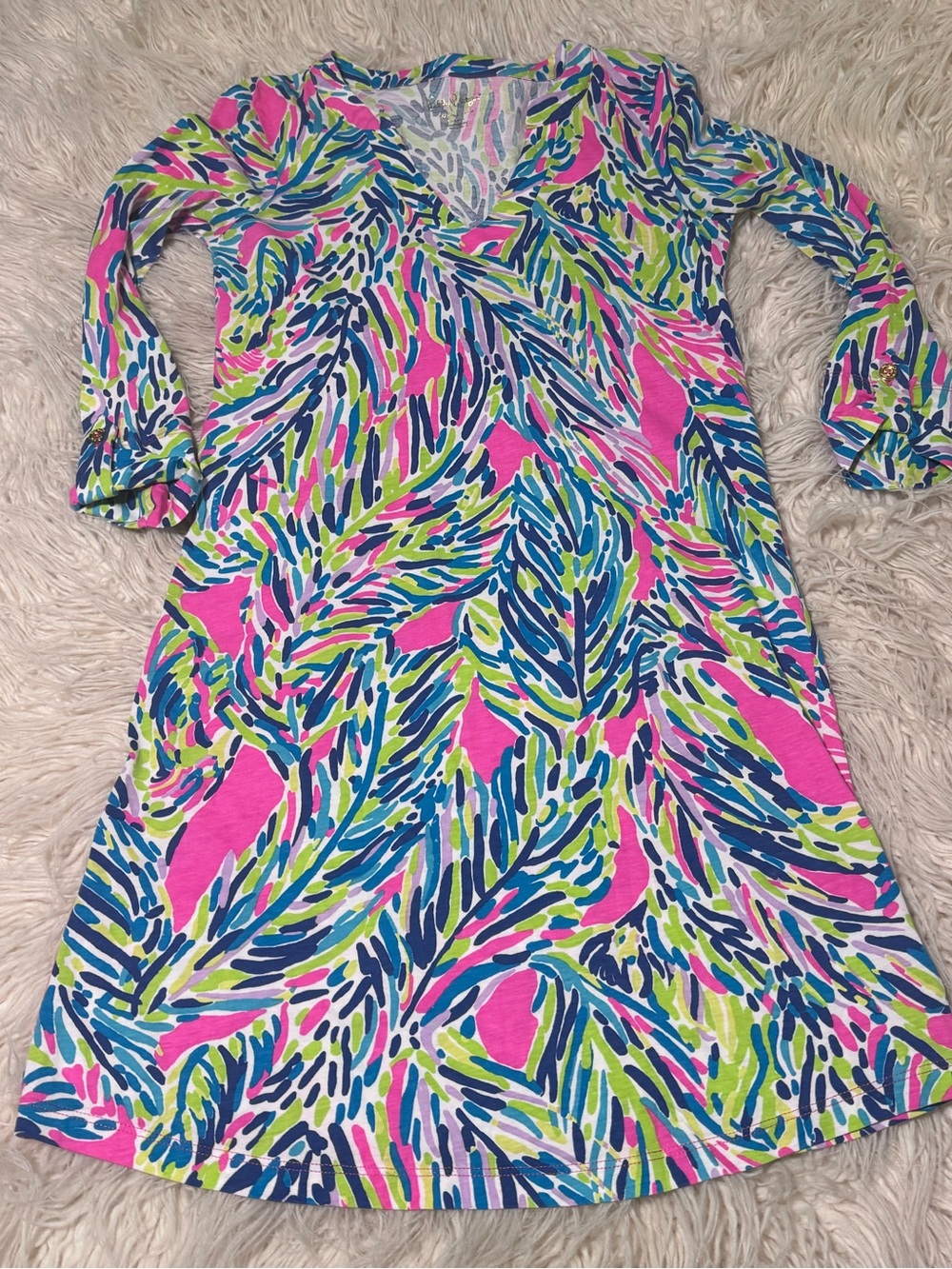 Lilly Pulitzer Rossmore V-neck T-shirt dress Palm Reader Pattern Size XS Cotton